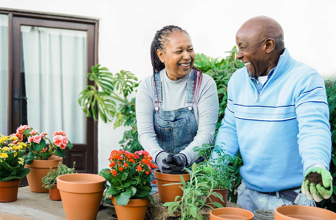 Retired couple gardening