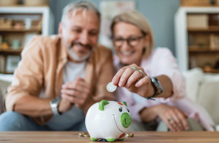 two people putting money in piggy bank