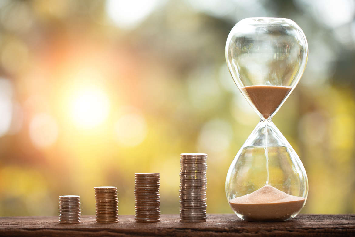 Coin stacks and sand timer.