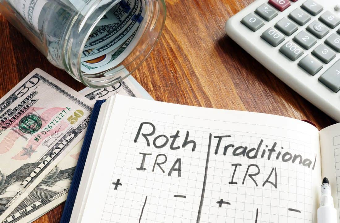 Dinero, calculadora y hoja de papel que compara Roth IRA e IRA tradicional