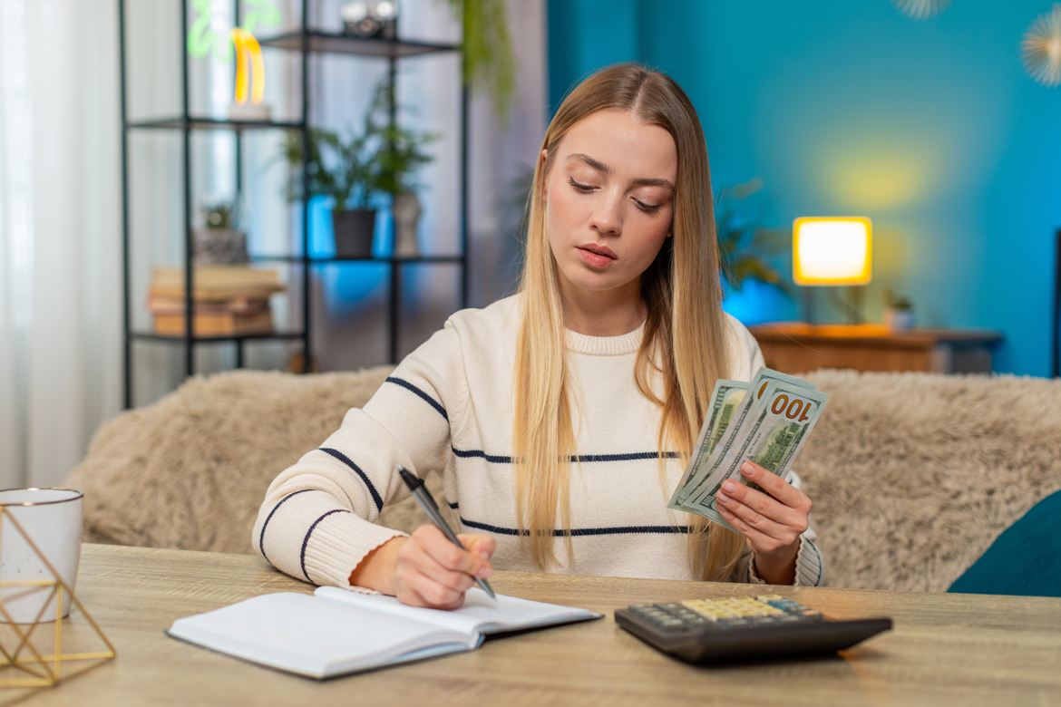 Girl looking at her financials