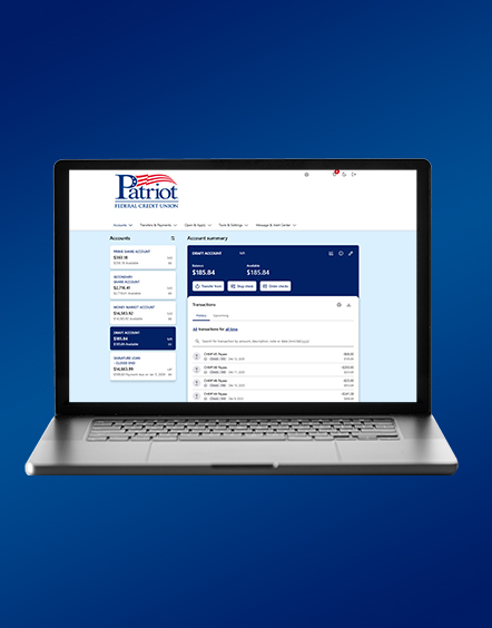 image of a laptop with a blue background. Laptop shows the updated online banking platform.