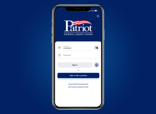 picture of phone with patriots mobile app launched on the screen.